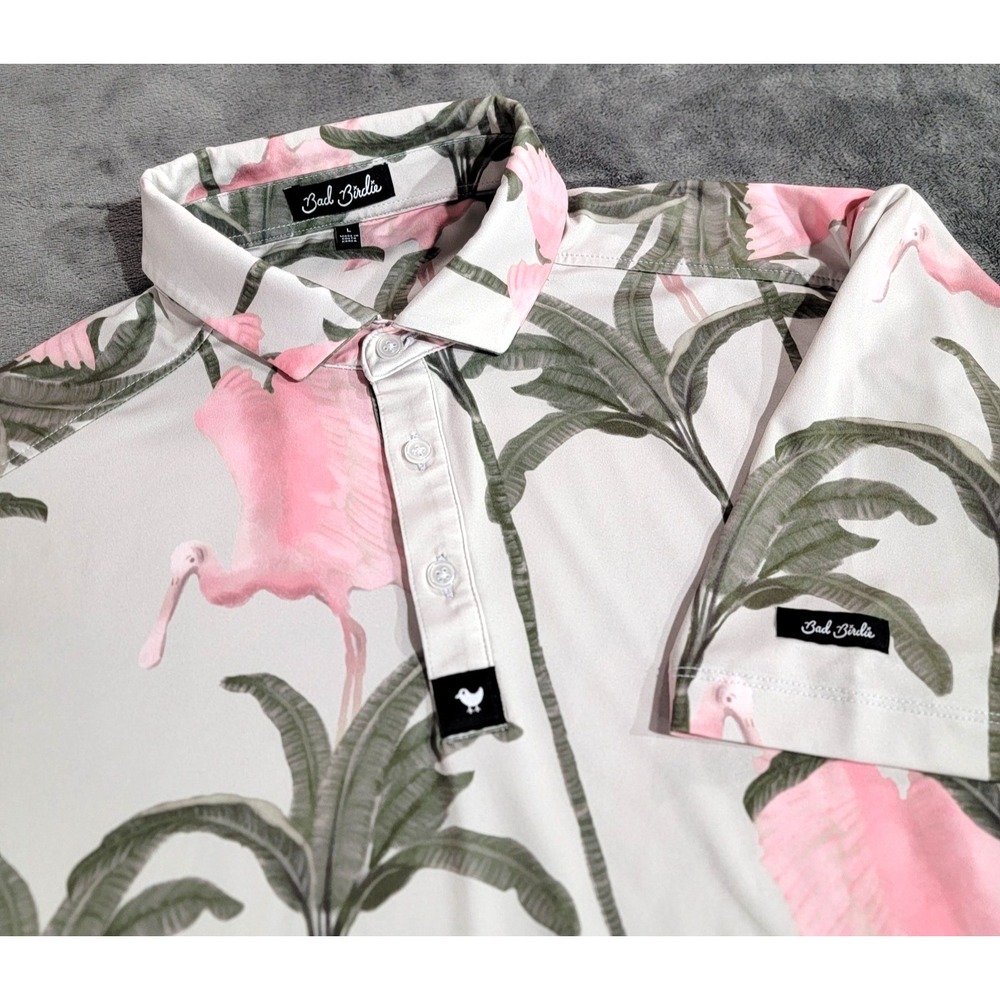 Bad Birdie Polo Shirt Men L Flamingo Print Performance Golf Stretch Floral Bird